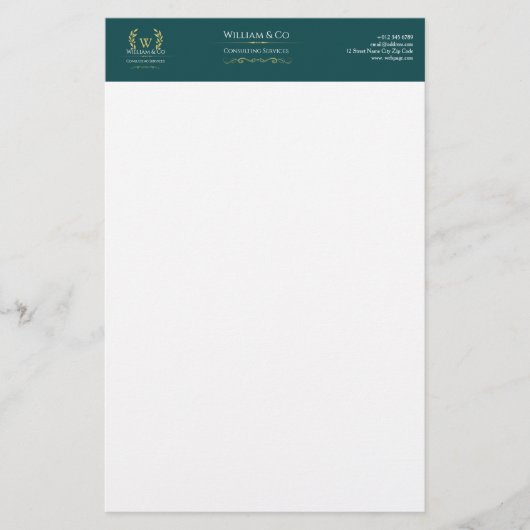 Classic Laurel Wreath Aquamarin Gold Monogram Briefpapier (Vorderseite)