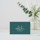 Classic Laurel Wreath Aquamarin Gold Monogram Visitenkarte (Stehend Vorderseite)