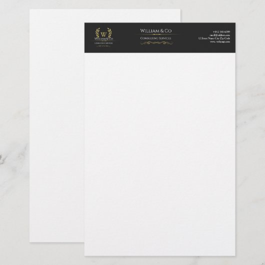 Classic Laurel Wreath Black Gold Monogram Briefpapier (Vorne/Hinten)