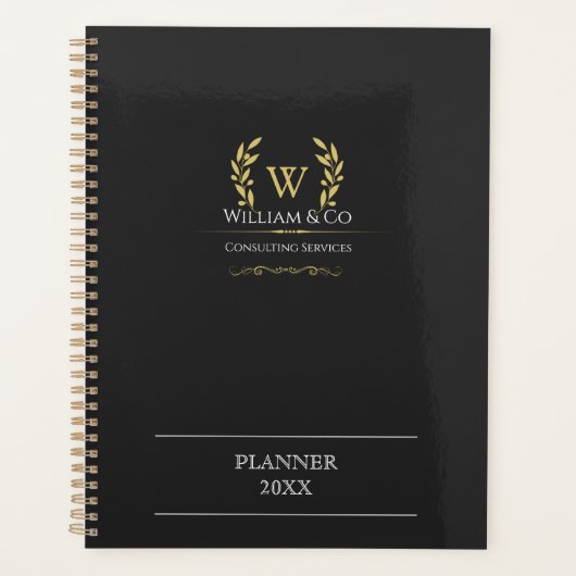 Classic Laurel Wreath Black Gold Monogram Planer (Vorderseite)