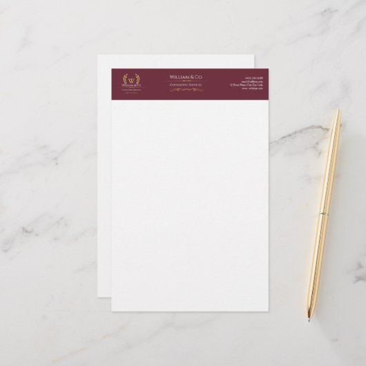 Classic Laurel Wreath Burgundy Gold Monogram Briefpapier (Vorderseite/Rückseite Beispiel)