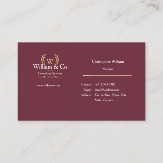 Classic Laurel Wreath Burgundy Gold Monogram Visitenkarte (Rückseite)