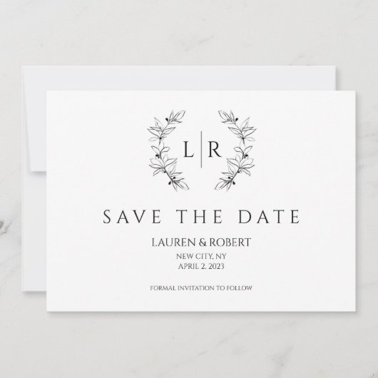 Classic Laurel Wreath Monogram Save the Date Einladung (Vorderseite)