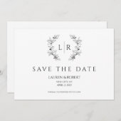 Classic Laurel Wreath Monogram Save the Date Einladung (Vorne/Hinten)