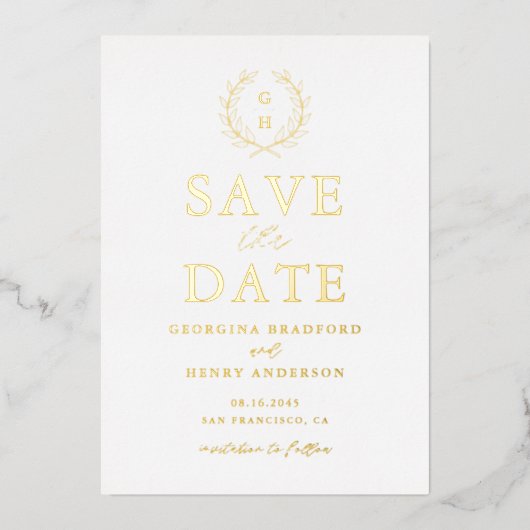 Classic Laurel Wreath Monogram Save the Date Folieneinladung (Vorderseite)