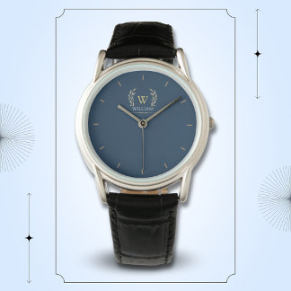 Classic Laurel Wreath Navy Blue Gold Monogram Armbanduhr