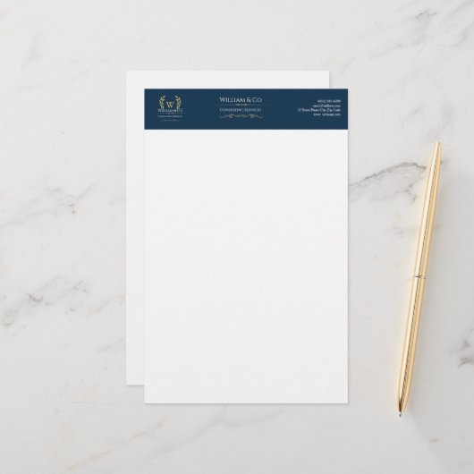 Classic Laurel Wreath Navy Blue Gold Monogram Briefpapier (Vorderseite/Rückseite Beispiel)