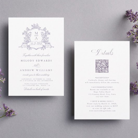 Classic Lavender Floral Crest Wedding All in One Einladung