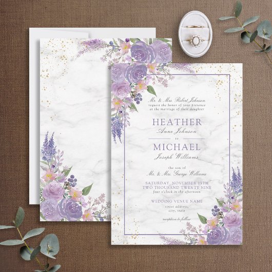 Classic Lavender Lilac Marble Gold Floral Wedding Einladung