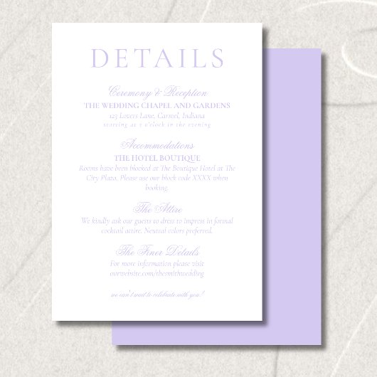 Classic Lavender Minimalist Wedding Details Begleitkarte