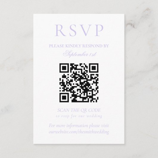 Classic Lavender Minimalist Wedding QR Code RSVP Karte (Vorderseite)