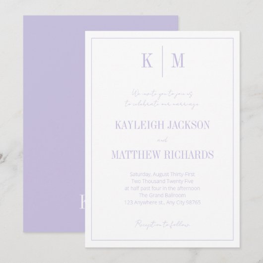 Classic Lavender Monogram Elegant Wedding Einladung (Vorne/Hinten)
