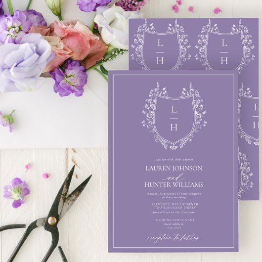 Classic Lavender Wildblume Monogram Wappen Wedding Einladung