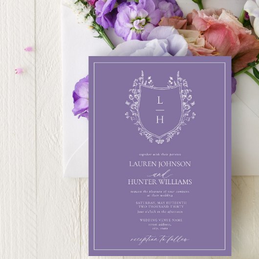 Classic Lavender Wildblume Monogram Wappen Wedding Einladung