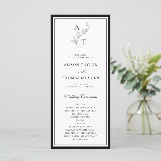 Classic Leaf Monogram Wedding Program Card Menükarte (Stehend Vorderseite)