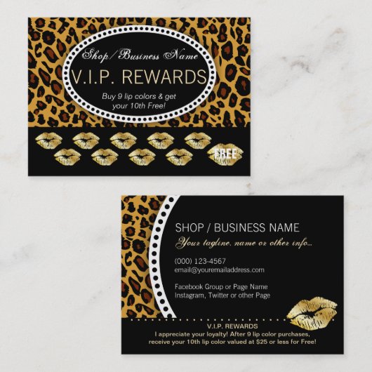Classic Leopard Print - Gold Lips Loyalitätsbelohn Treuekarte (Vorne/Hinten)