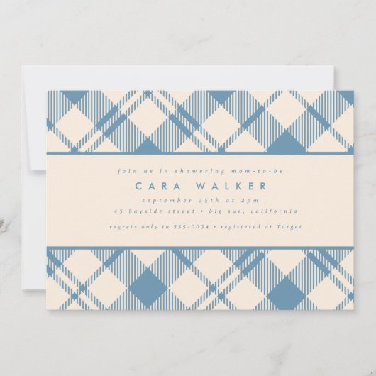 Classic Light Blue Beige Kariert Boy Baby Dusche Einladung (Vorderseite)