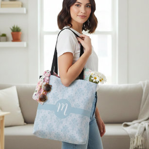 Classic Light Blue Vintag Damask Mit Monogramm Tasche