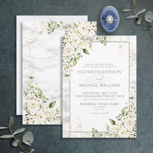 Classic Light Gray White Floral Gold Marmor Weddin Einladung