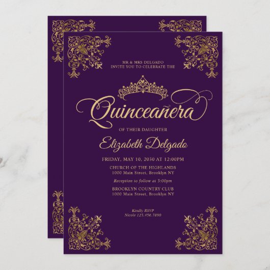 Classic Lila Violet Gold Rahmen Tiara Quinceanera Einladung (Vorne/Hinten)