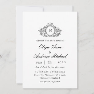 Classic Luxe Black & White Wappen Monogram Wedding Einladung
