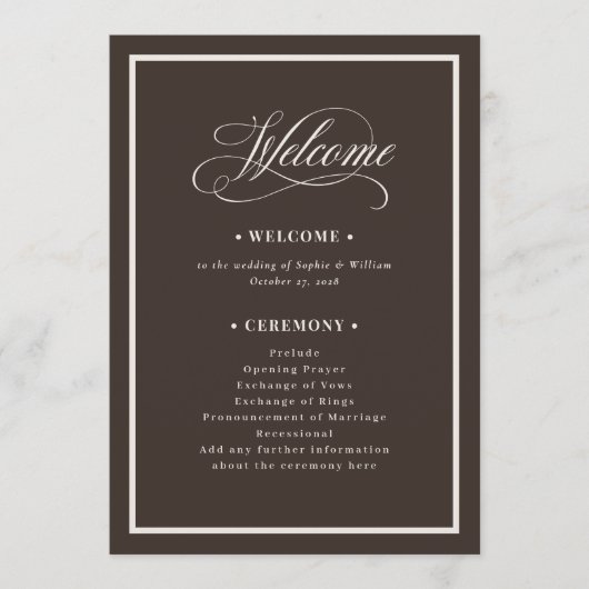 Classic Luxe | Dark Espresso Brown Wedding Programm (Vorderseite)