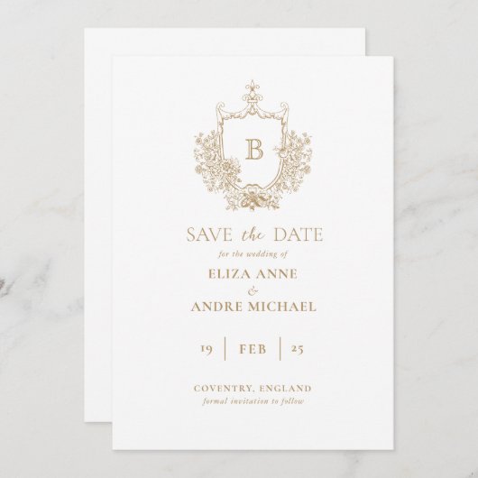 Classic Luxe Gold und White Monogram Save the Date (Vorne/Hinten)