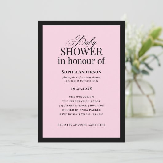 Classic Luxe Pink | BRITISH Spelling Baby Dusche Einladung (Stehend Vorderseite)