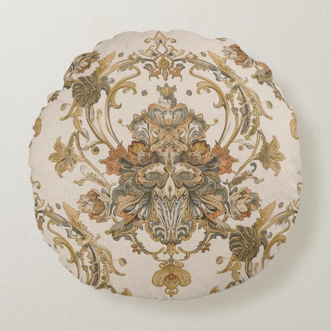 Classic, Luxury Ornament, Gold Beigi Grey Rundes Kissen (Vorderseite)