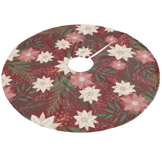 Classic Maroon Christmas Poinsettia Holiday Fleece Weihnachtsbaumdecke (Schrägansicht)