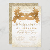 Classic Masquerade Maske Gold Glitzer Quinceanera Einladung (Vorne/Hinten)