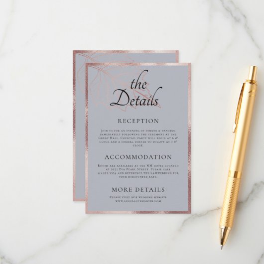 Classic Matt Rose Gold Blätter Hochzeitsdetails Begleitkarte (Vorderseite/Rückseite Beispiel)