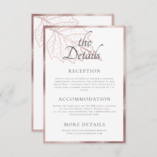 Classic Matt Rose Gold Blätter Hochzeitsdetails Begleitkarte (Vorne/Hinten)