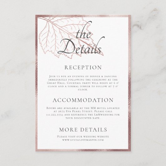 Classic Matt Rose Gold Blätter Hochzeitsdetails Begleitkarte (Vorderseite)