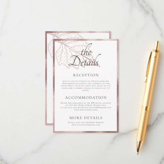 Classic Matt Rose Gold Blätter Hochzeitsdetails Begleitkarte (Vorderseite/Rückseite Beispiel)
