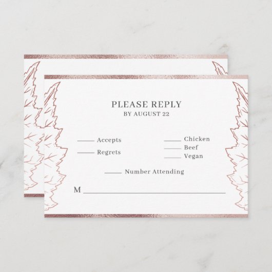 Classic Matt Rose Gold Blätter Wedding RSVP Card Dankeskarte (Vorne/Hinten)