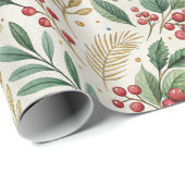 Classic Merry & Bright Red Green and Gold Holly Geschenkpapier (Rolleneckpunkt)