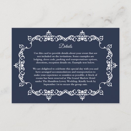 Classic Midnight Navy Blue Ornately Framed Wedding Begleitkarte (Vorderseite)