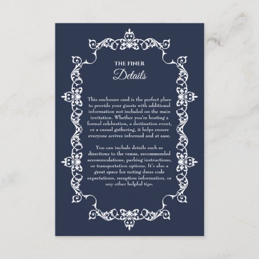 Classic Midnight Navy Blue Ornately Framed Wedding Begleitkarte (Vorderseite)