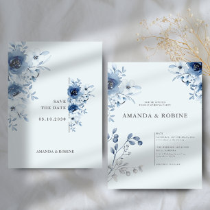 Classic Minimal Blue Floral Wedding Einladung