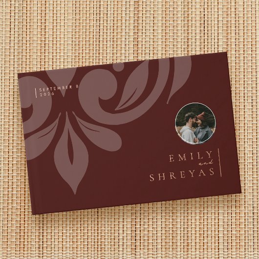 Classic Minimal Damask Mahogany Foto Hochzeit Gästebuch
