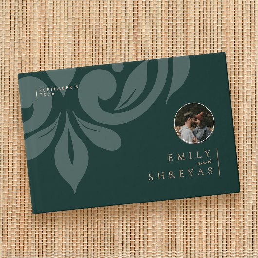 Classic Minimal Damask Phthalo Green Foto Hochzeit Gästebuch