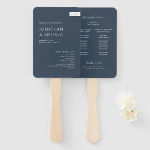Classic Minimal Navy Blue Monogram Wedding Program Fächer
