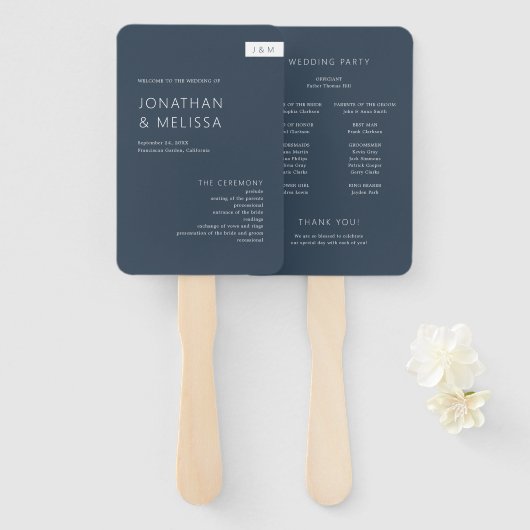 Classic Minimal Navy Blue Monogram Wedding Program Fächer (Vorne und Hinten)