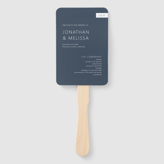 Classic Minimal Navy Blue Monogram Wedding Program Fächer (Vorderseite)