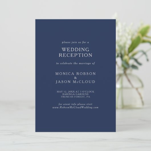 Classic Minimal Navy Blue Silver Wedding Reception Einladung (Stehend Vorderseite)