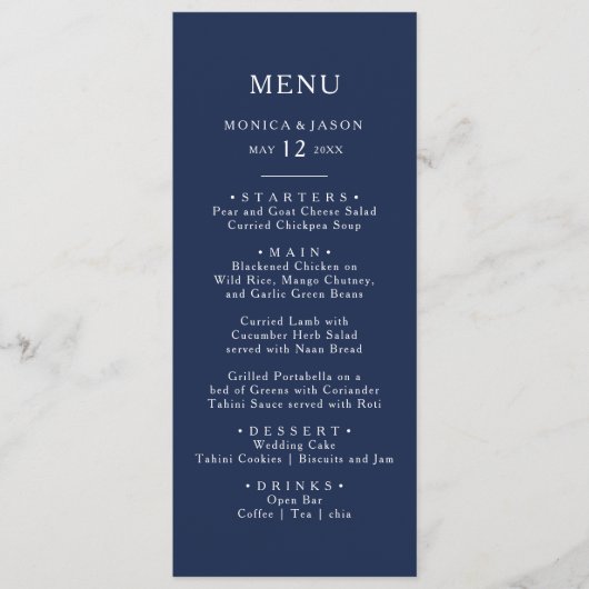 Classic Minimal Navy Blue | Silver Wedning Dinner Menükarte (Vorderseite)