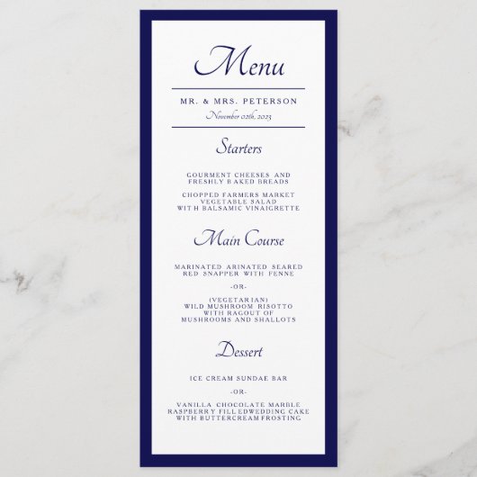 Classic Minimal Navy Blue Wedding Dinner Menükarte (Vorderseite)