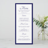 Classic Minimal Navy Blue Wedding Dinner Menükarte (Stehend Vorderseite)