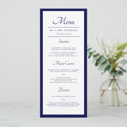 Classic Minimal Navy Blue Wedding Dinner Menükarte (Stehend Vorderseite)